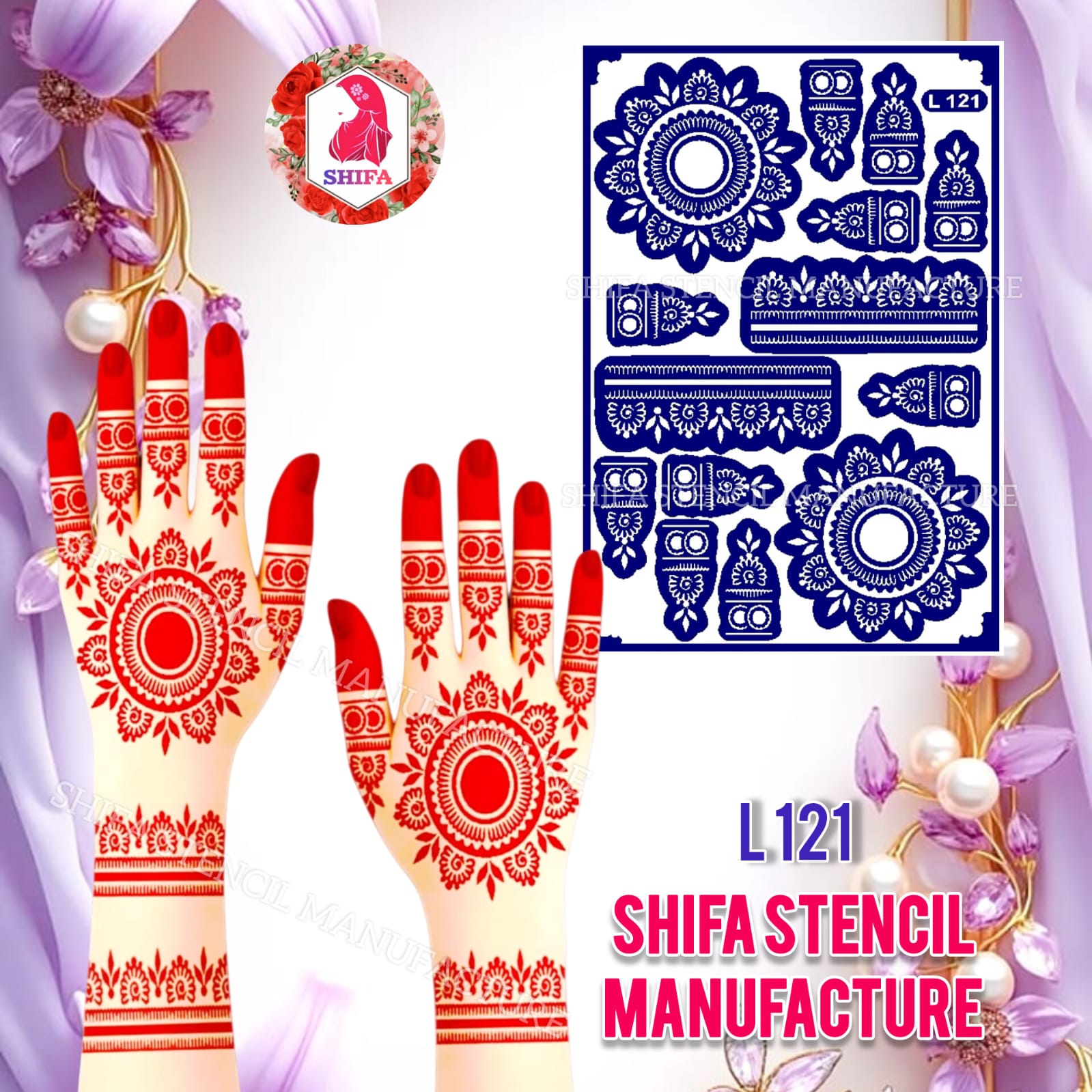 L121 – Royal Floral Chakra Sticker Overview Henna Stencil - Shifa Stencil